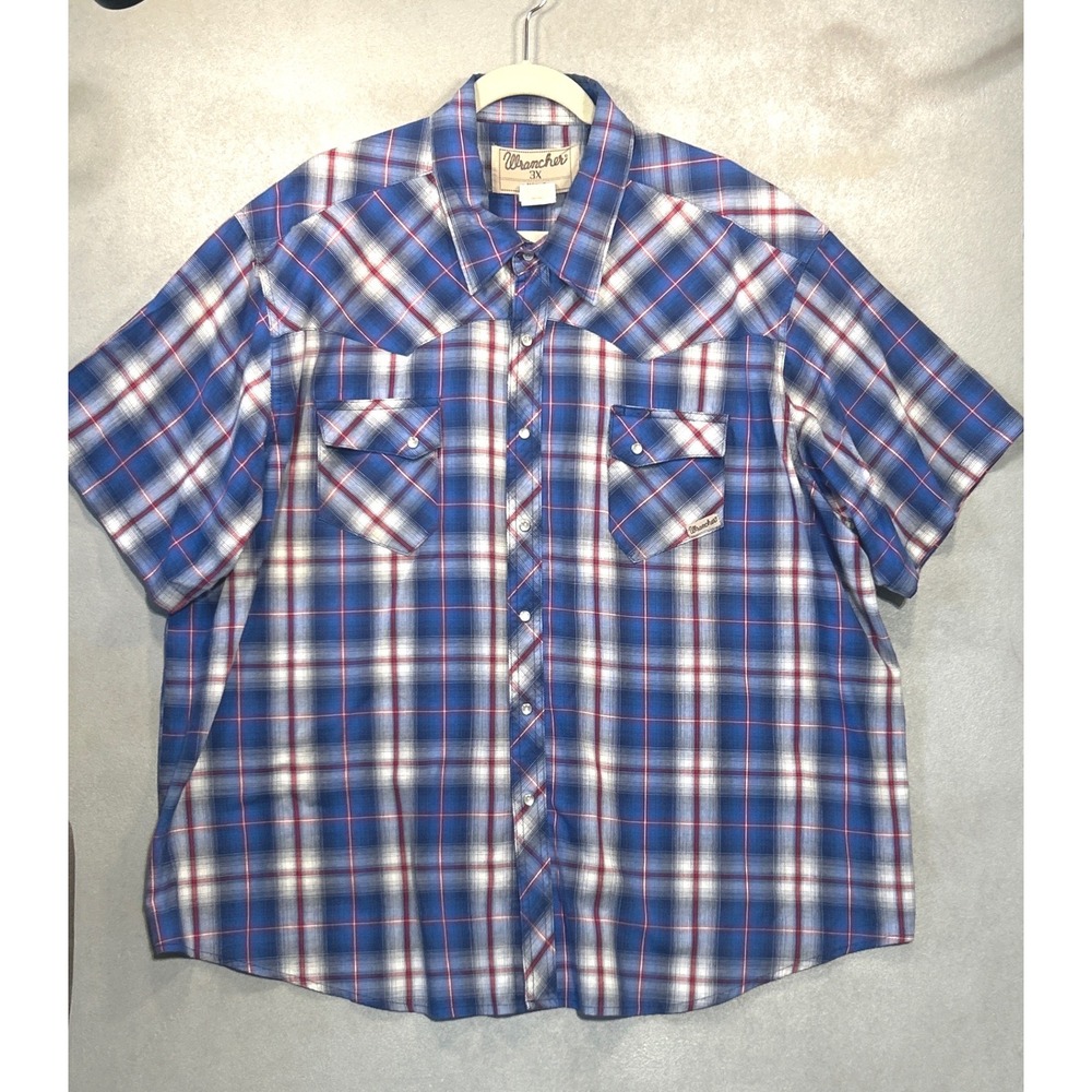 Wrangler Wrancher Mens 3X Blue Red Plaid Short Sleeve Western Pearl Snap Shirt